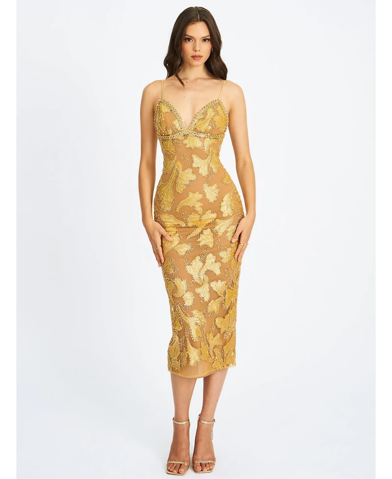 Miss Circle Women's Edie Gold Beaded Sequin Midi Pencil Dress
