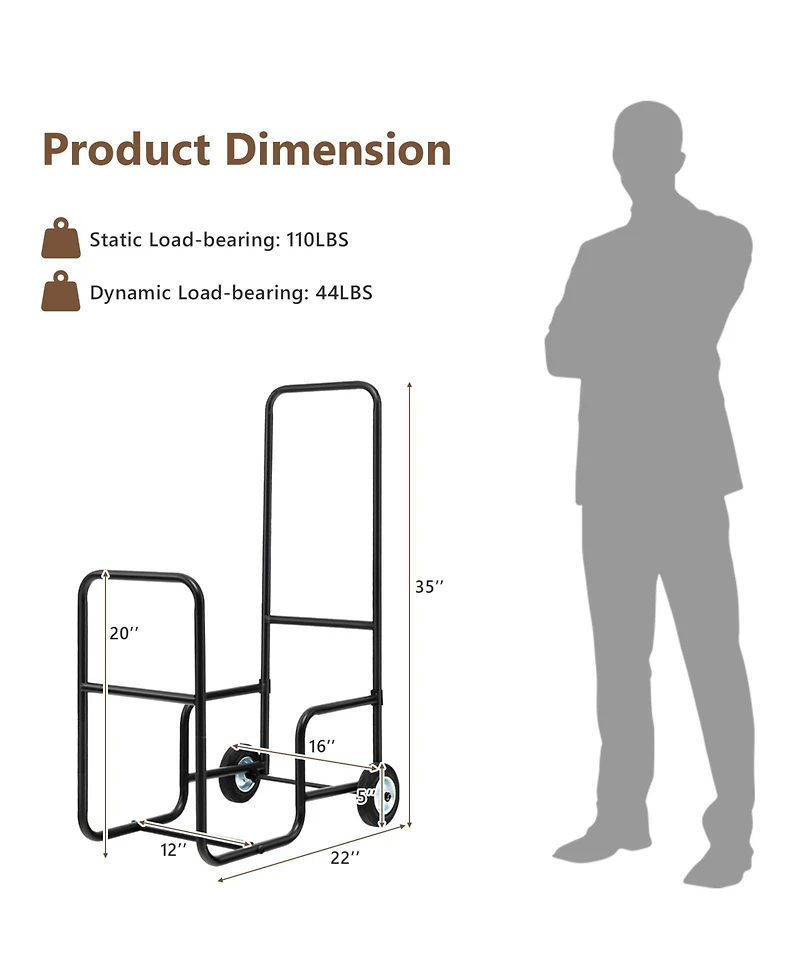 Akiudex Firewood Log Cart Carrier with Anti-Slip and Wear-Resistant Wheels