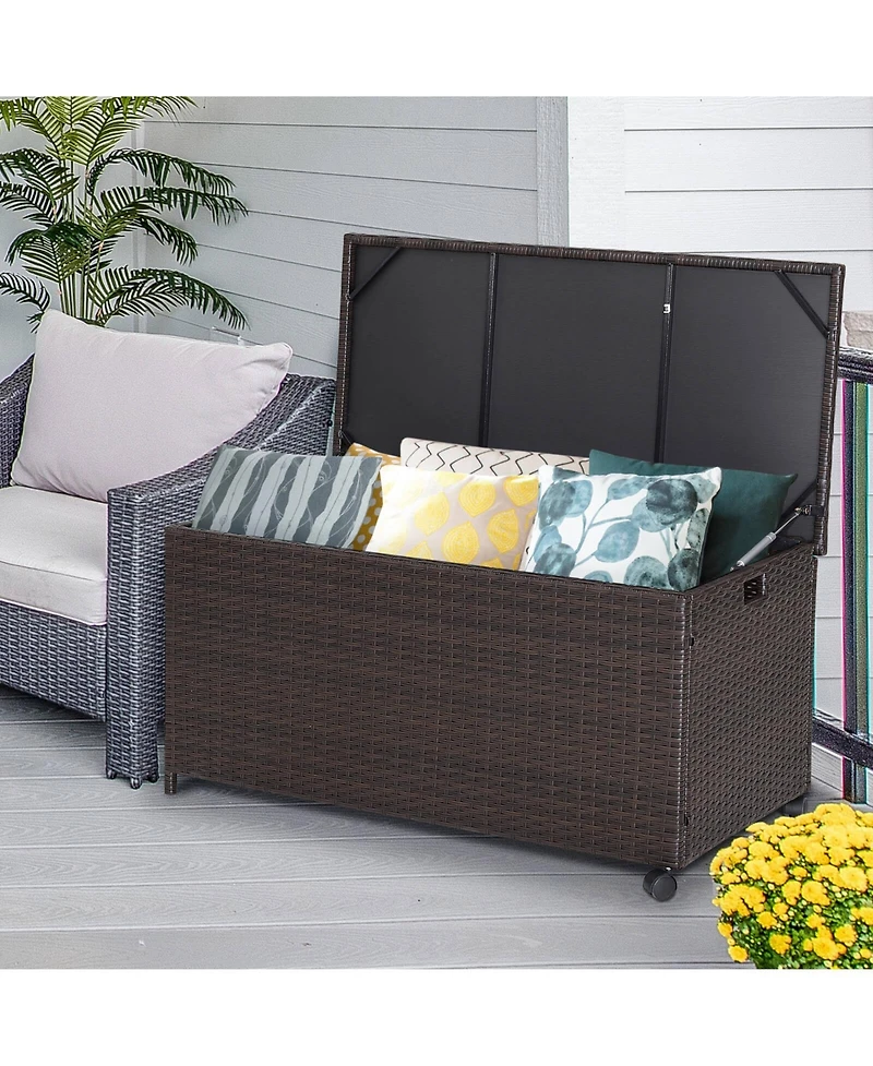 Akiudex Outdoor Rattan Storage Box with Wheels, Liner, and Pneumatic Lid Support
