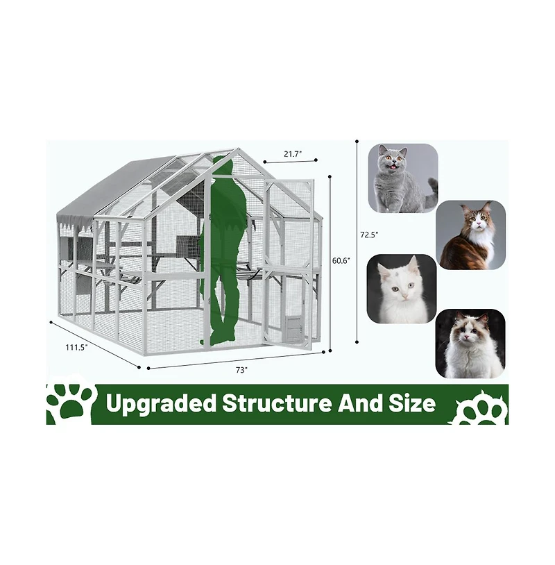 Aostirmotor 110 in. Outdoor Cat House Cat Enclosures with Platforms Upgrade Waterproof Cover in Gray White