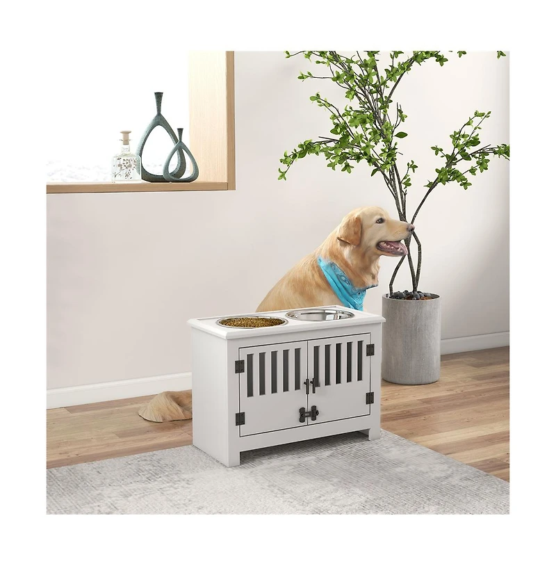 Aostirmotor 37 in-l White Elevated Dog Bowls Storage Cabinet Raised Dog Bowl Stand Feeding Station