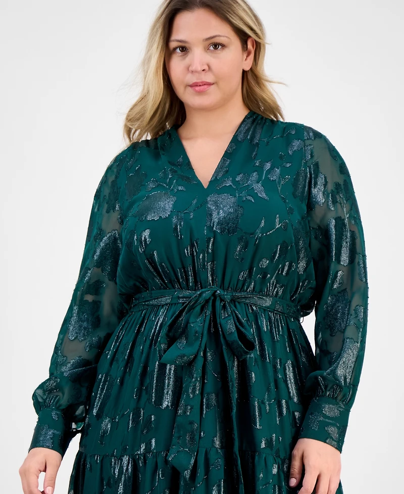 Anne Klein Plus Floral Jacquard Blouson-Sleeve Midi Dress