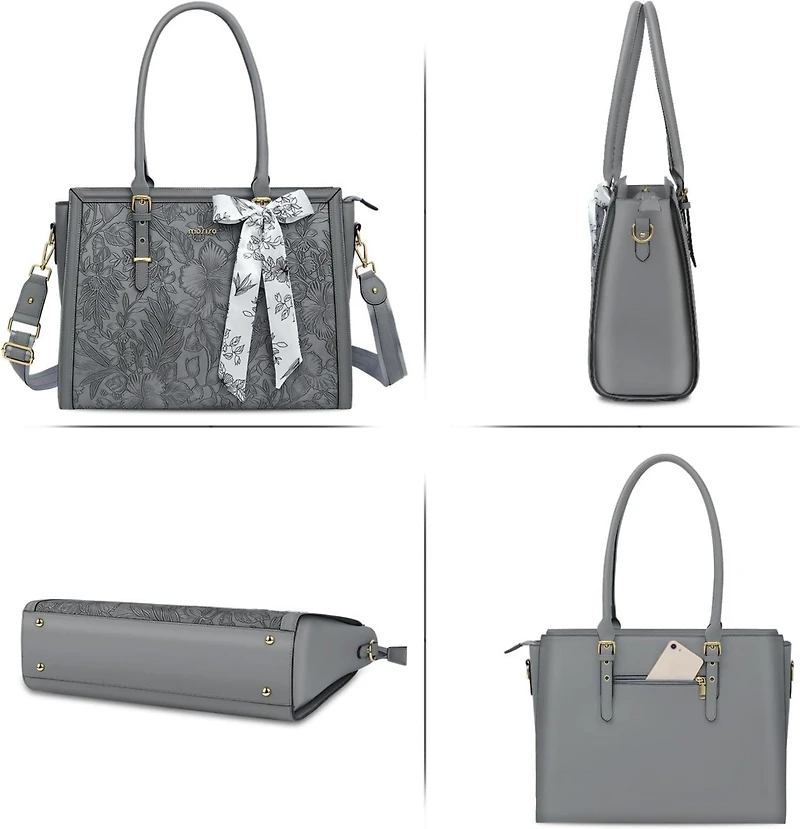 Mosiso Gray 17-17.3 Inch Pu Leather Laptop Tote Bag for Women - Compatible with MacBook, Hp, Dell, Asus - Retro Hibiscus Embossed Computer Bag