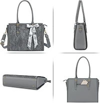 Mosiso Gray 17-17.3 Inch Pu Leather Laptop Tote Bag for Women - Compatible with MacBook, Hp, Dell, Asus - Retro Hibiscus Embossed Computer Bag