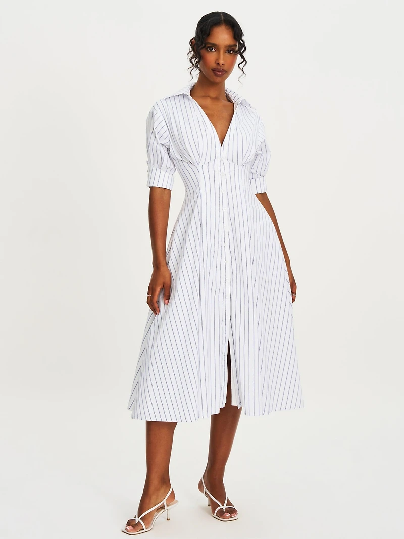 Miss Circle Women's Palina Pinstripes Cotton Poplin Pleated Midi Preppy Shirt Dress