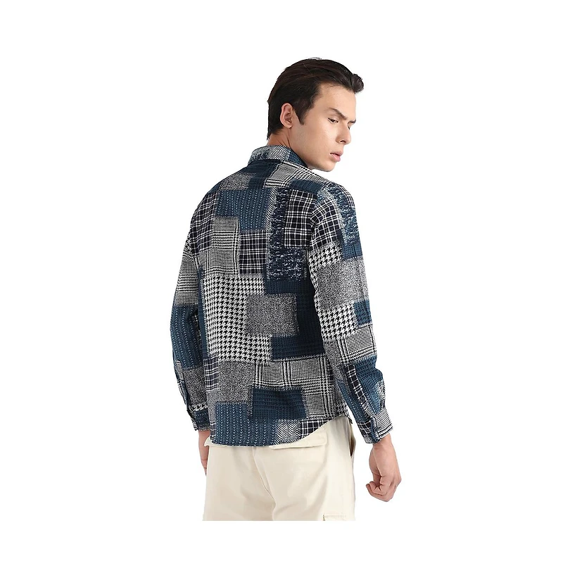 Campus Sutra Men's Navy Blue Herringbone Block Shirt