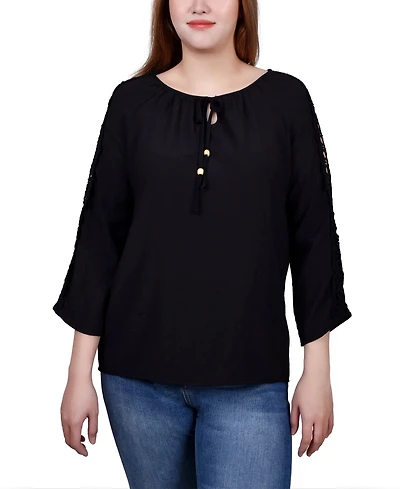 Ny Collection Petite 3/4 Sleeve Crochet Detail Top