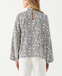 Ella Rafaella Women's Geo Print Smocked Neck Long Sleeve Top