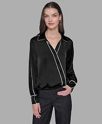 Karl Lagerfeld Paris Petite Long Sleeve Crossover Woven Blouse