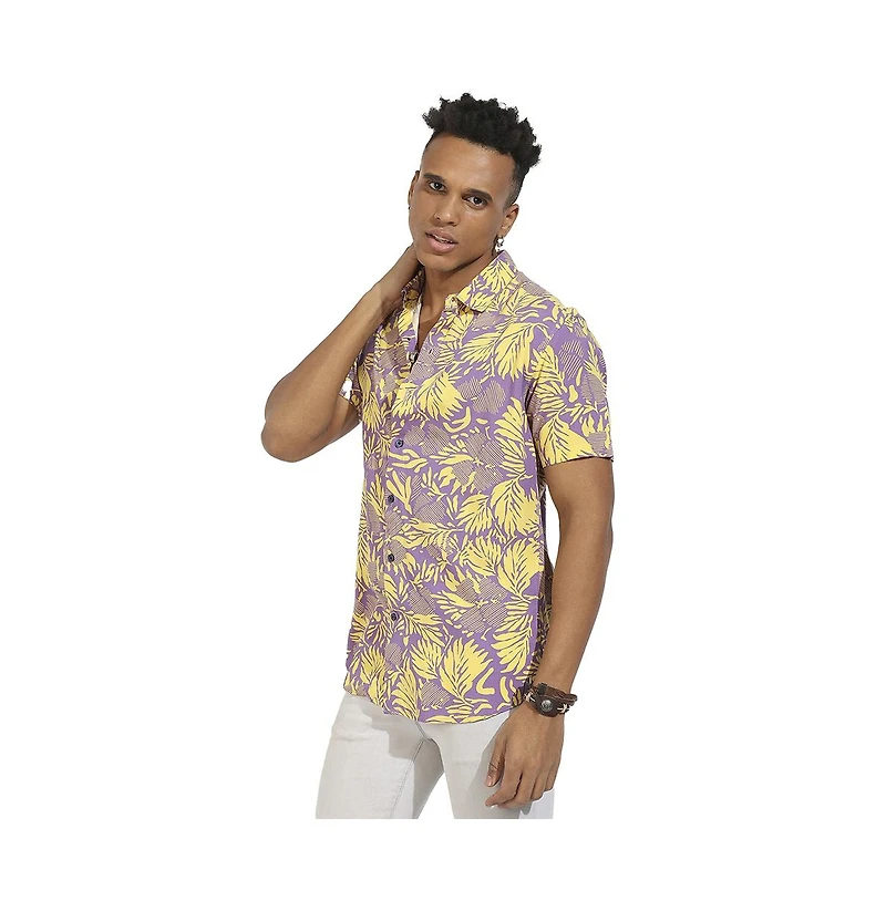Campus Sutra Men's Lavender & Yellow Contrast Foliage Shirt