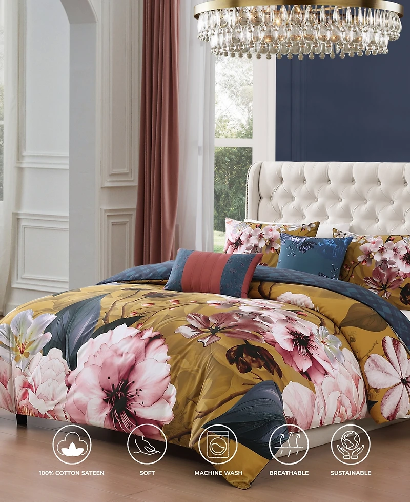 Bebejan Golden Bounty Bedding 220 Thread Count 100% Cotton Sateen 5 Piece Queen Size Reversible Comforter Set
