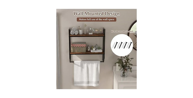 Slickblue Wall-Mounted Over Toilet Shelving Unit with 2 Shelves and Towel Bar for Bathroom Storage