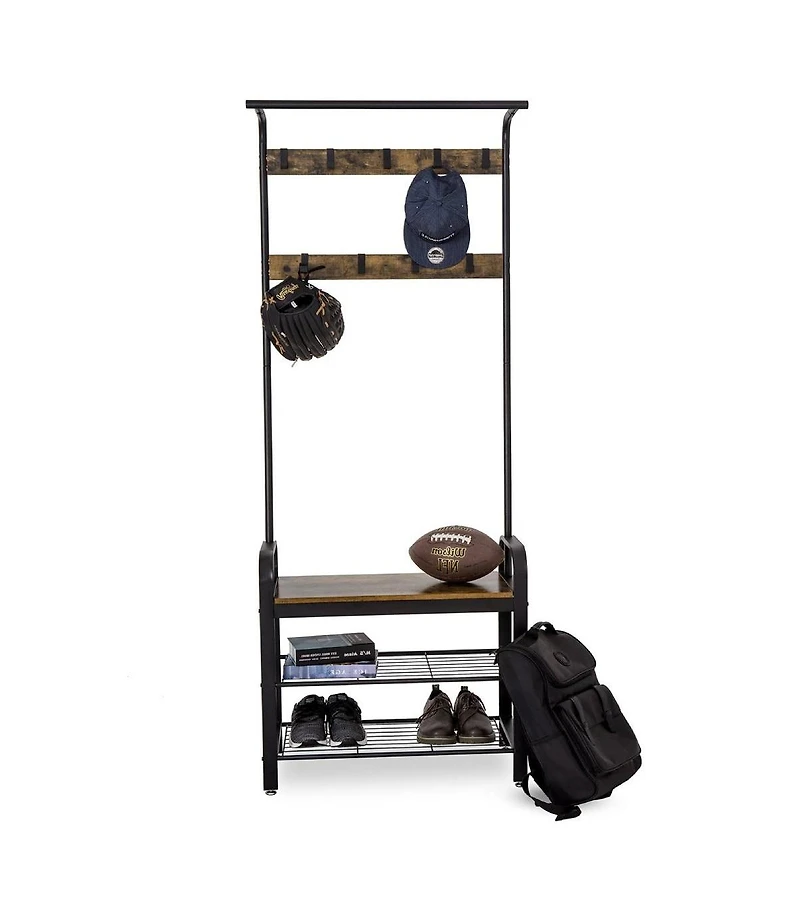 Slickblue Modern Industrial Hall Tree with Coat Rack and Shoe Storage Bench for Entryway