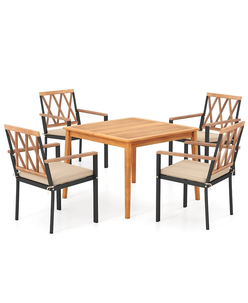 Gymax Set Of 5 Patio Acacia Wood Dining Set w/ Soft Seat Cushions Umbrella Hole for Yard