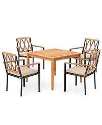 Gymax Set Of 5 Patio Acacia Wood Dining Set w/ Soft Seat Cushions Umbrella Hole for Yard