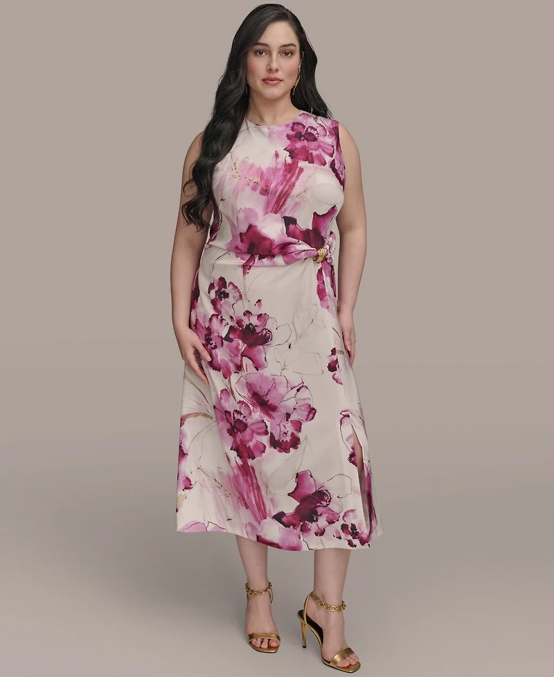 Donna Karan New York Women's Ribbed Knot Printed Midi A-Line Dress