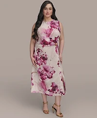 Donna Karan New York Women's Ribbed Knot Printed Midi A-Line Dress