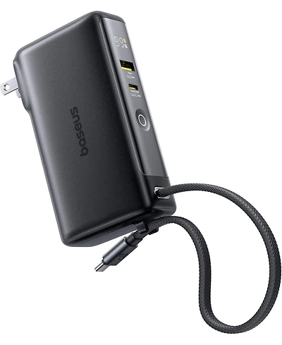 Baseus Nomos Power Bank, 67W Foldable Wall Plug and 10,000mAh 35W Portable Charger, 3-in-1 Travel Essentials Battery Pack Built-in Usb-c Cable