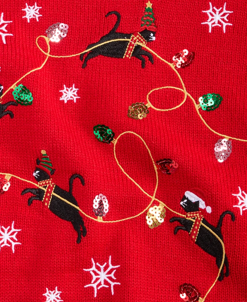 Holiday Lane Women's Kitten Sleigh Crewneck Sweater, Created for Macy's