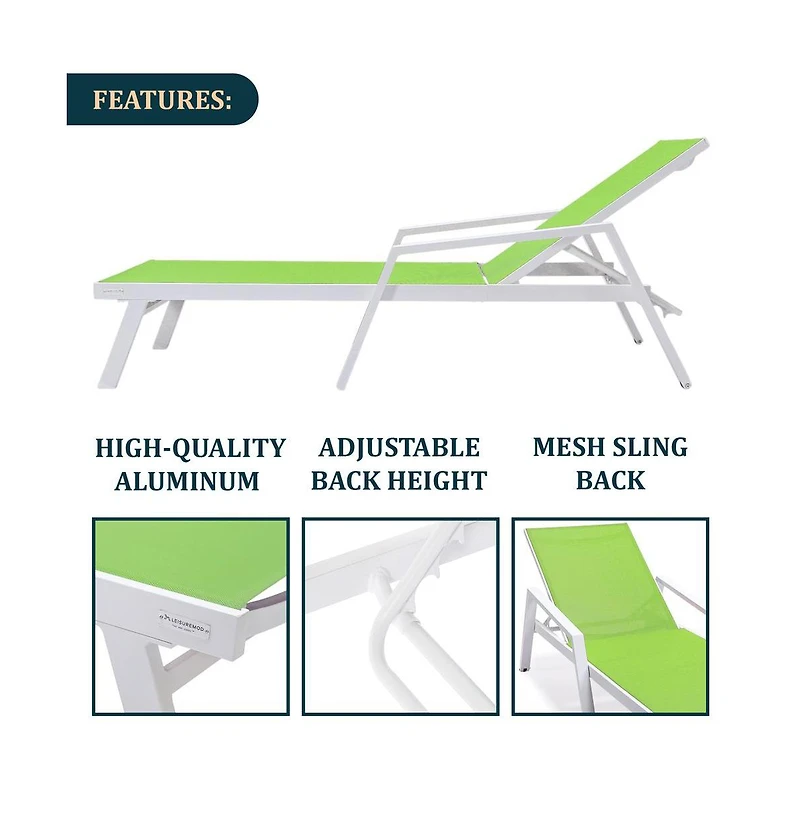 LeisureMod White Aluminum Outdoor Patio Chaise Lounge Chair With Arms