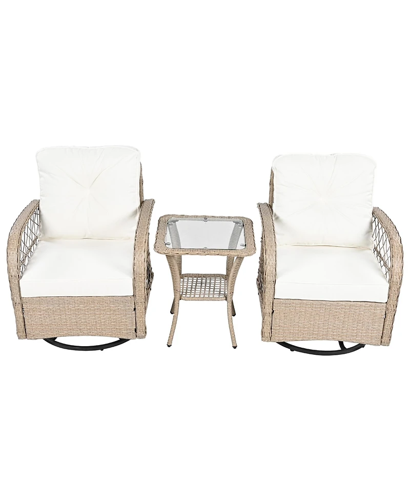Flynama 3-piece Outdoor Chair&Table Set Chat Set 2-person Rattan Seating Group with Two Two Swiveling and Rocking Chairs and a Square Table for Garden