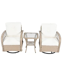 Flynama 3-piece Outdoor Chair&Table Set Chat Set 2-person Rattan Seating Group with Two Two Swiveling and Rocking Chairs and a Square Table for Garden