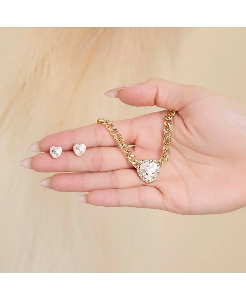 Jessica Simpson Gold-Tone Heart Pendant Necklace & Crystal Stud Earring Set
