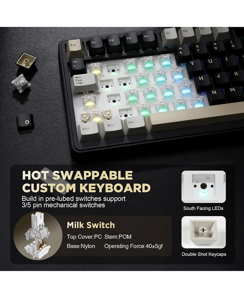 Yunzii B75 Mechanical Keyboard,75% Layout with Knob,Hot Swappable Rgb Backlit Gasket Mounted,Creamy Typing,Double-Shot Pbt Keycaps,Cherry Profile,for