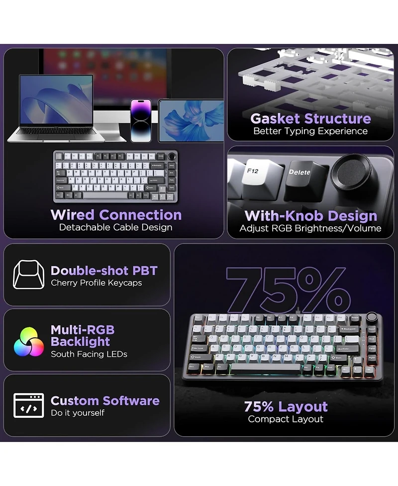 Yunzii B75 Mechanical Keyboard,75% Layout with Knob,Hot Swappable Rgb Backlit Gasket Mounted,Creamy Typing,Double-Shot Pbt Keycaps,Cherry Profile,for
