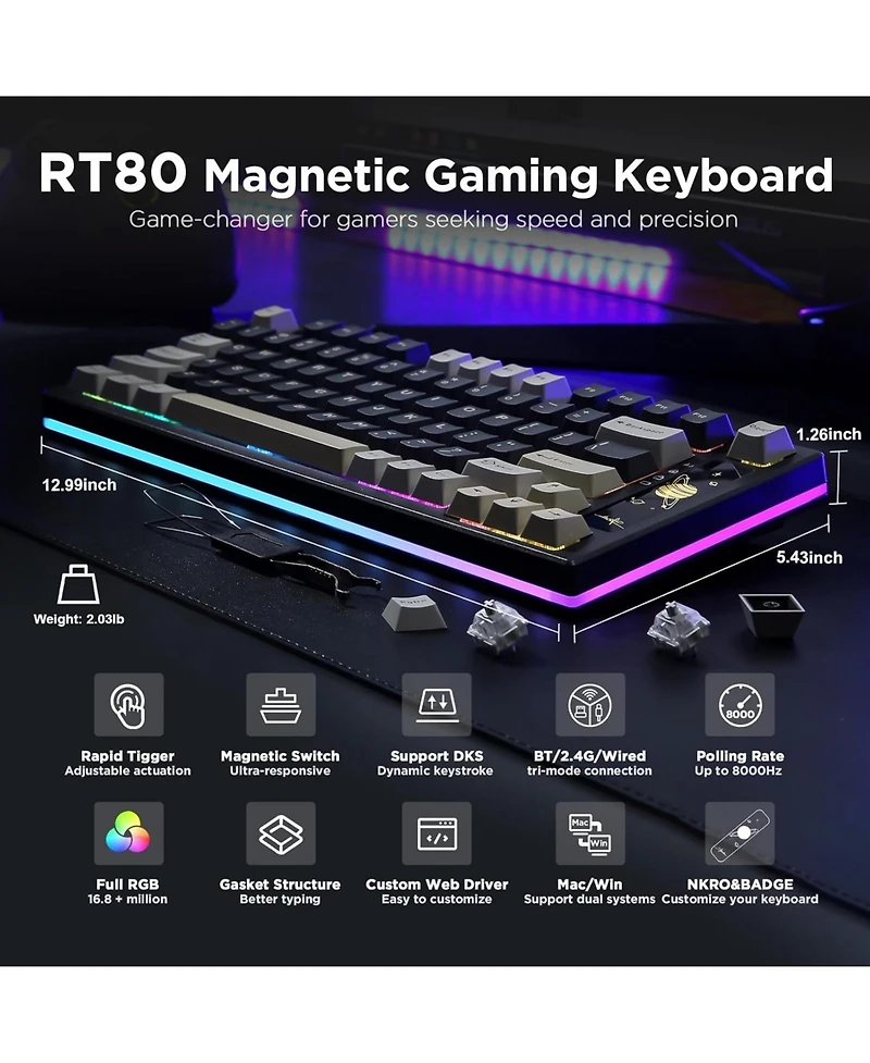 Yunzii RT80 Rapid Trigger Hall Effect Magnetic Gaming Keyboard, 8K Polling Rate,75% Layout,Bt/2.4GHz/Wired,Rgb Backlit,Hot Swap,Adjustable Actuation W