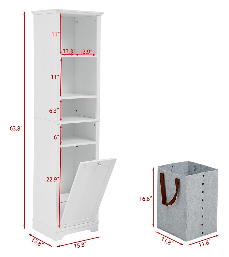 Vanirror 64 Inch Tall Storage Cabinet with Laundry Hamper, 4 Adjustable Shelves & Hidden Space for Bathroom, Home - White