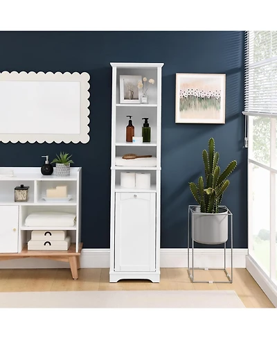 Vanirror 64 Inch Tall Storage Cabinet with Laundry Hamper, 4 Adjustable Shelves & Hidden Space for Bathroom, Home - White