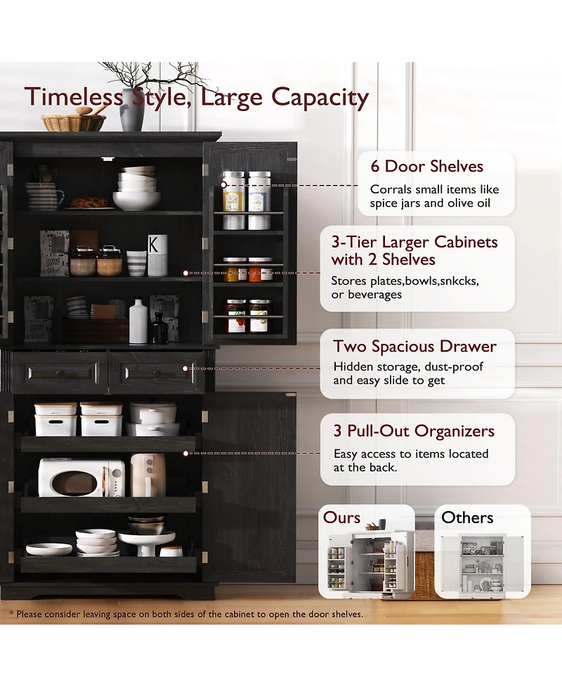 Casainc 71" Kitchen Pantry Cabinet with Pull-Out Organizers, 6 Door Shelves & Drawers