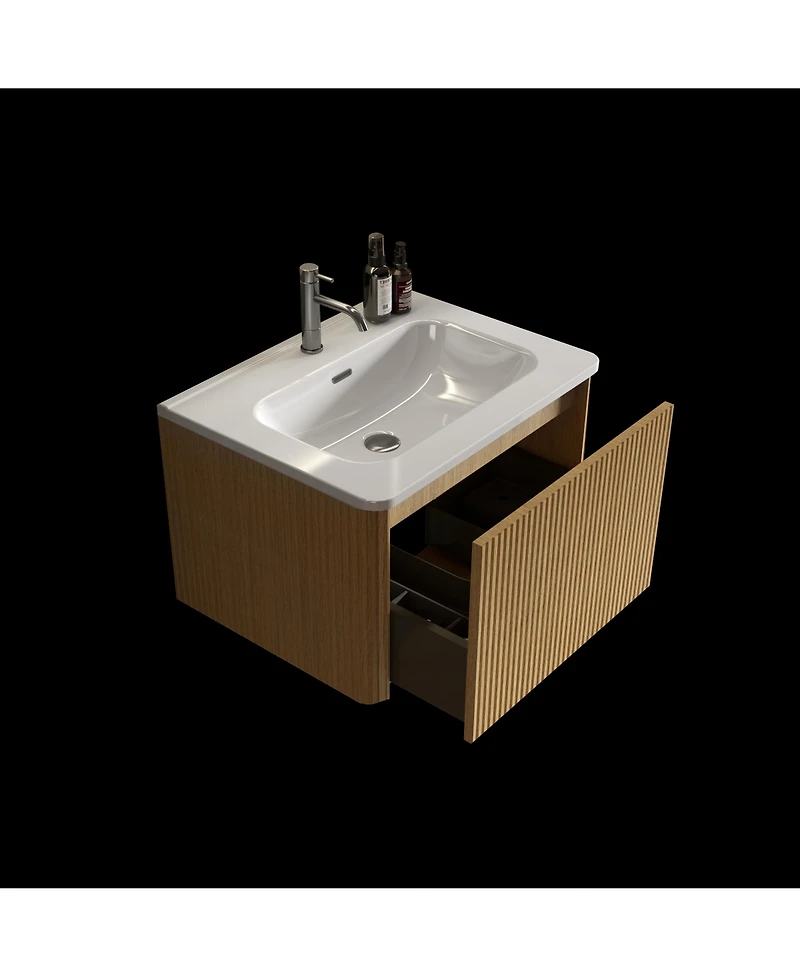 Casainc Etna 24" Floating Vanity With Ceramic Sink and Striped Oak Finish, Pre-Assembled