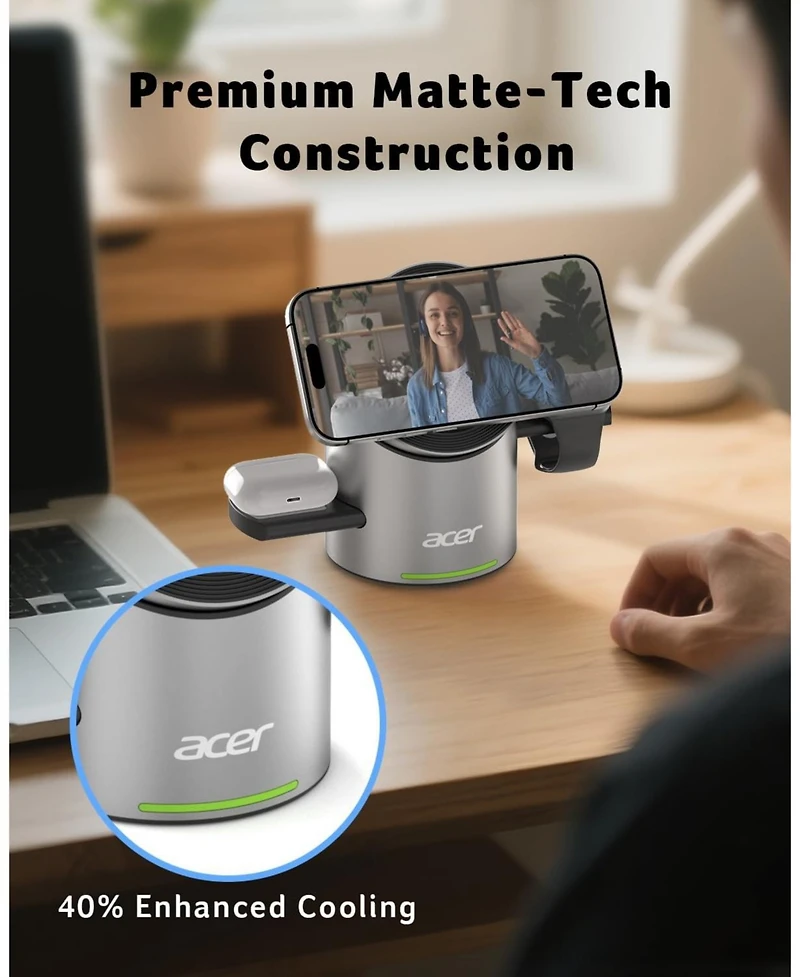 Acer 3-in-1 Charging Station for Apple Devices - Qi2 15W Wireless Charger for iPhone, Apple Watch, and AirPods
