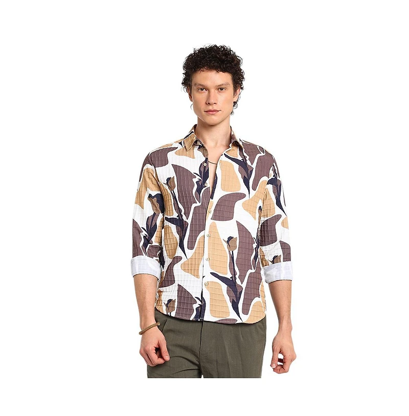 Campus Sutra Men's Taupe Brown & Beige Abstract Tulip Shirt