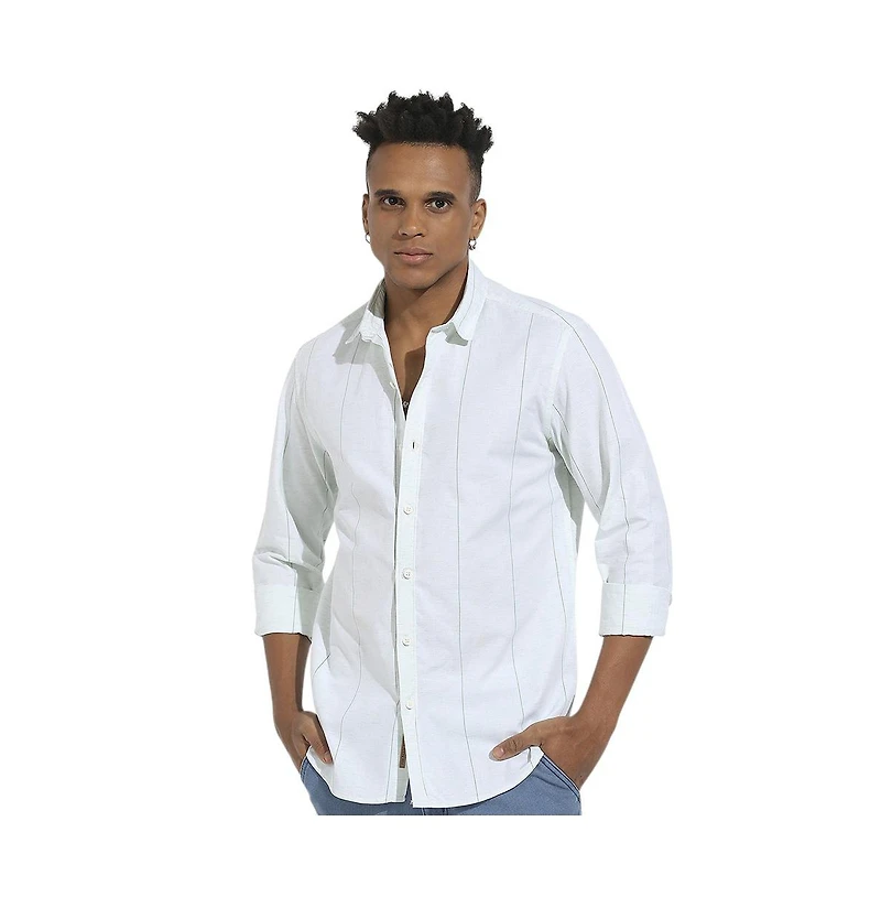 Campus Sutra Men's White Heathered Pinstriped Shirt