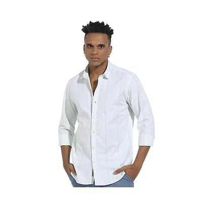 Campus Sutra Men's White Heathered Pinstriped Shirt