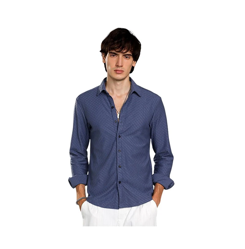 Campus Sutra Men's Aegean Blue Geometric-Weave Textured Shirt