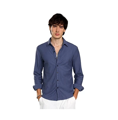 Campus Sutra Men's Aegean Blue Geometric-Weave Textured Shirt