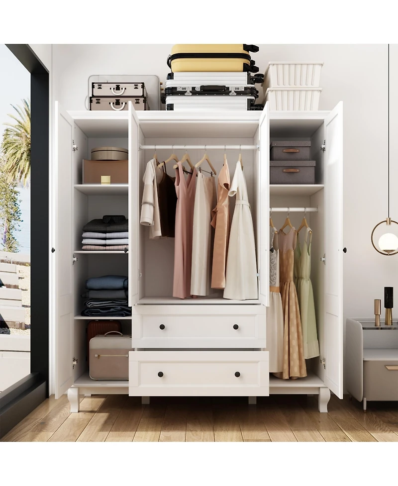 Homsee Modern Nordic style minimalist 4-door 2-drawer armoire, white wardrobe, bedroom closet