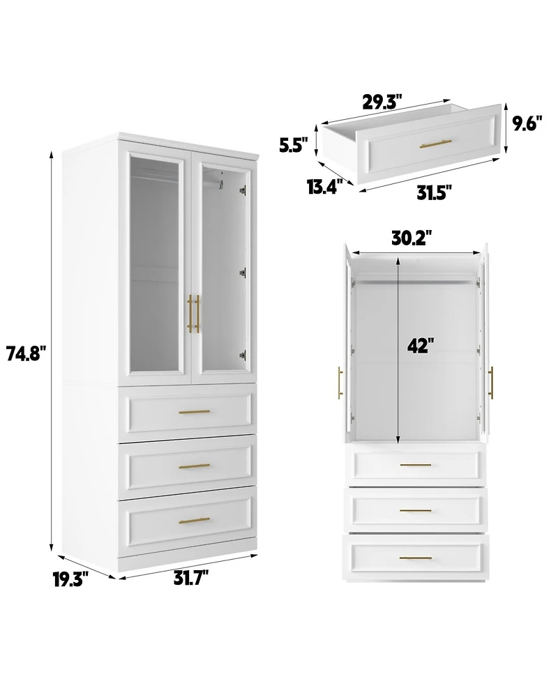 Wardrobe with 2-Door 3-Drawer, with Tempered Glass, Bedroom Closet，Armoire