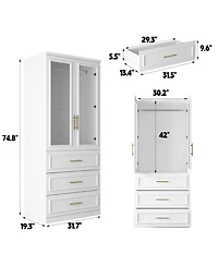 Wardrobe with 2-Door 3-Drawer, with Tempered Glass, Bedroom Closet，Armoire
