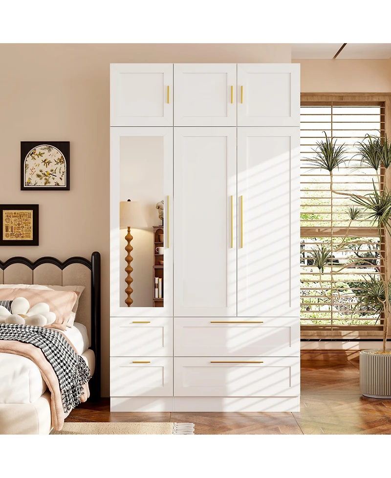 Homsee Luxurious white linen 6-door 4-drawer wardrobe with mirror, bedroom Armoire, Closet