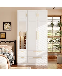 Homsee Luxurious white linen 6-door 4-drawer wardrobe with mirror, bedroom Armoire, Closet