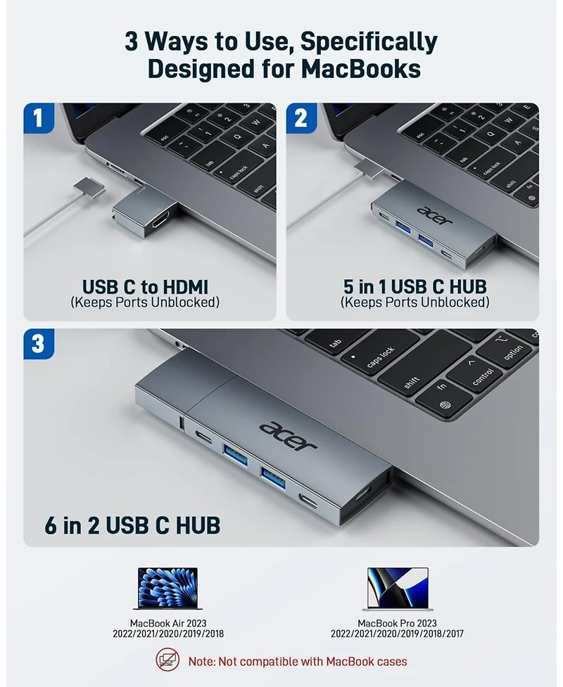 Acer Usb-c Hub for MacBook Pro/Air M1 M2 M3, 6-in-2 Detachable 4K60Hz Usb C to Hdmi Adapter