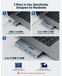 Acer Usb-c Hub for MacBook Pro/Air M1 M2 M3, 6-in-2 Detachable 4K60Hz Usb C to Hdmi Adapter