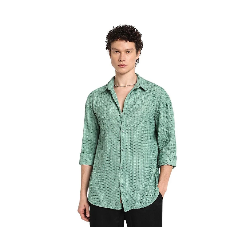 Campus Sutra Men's Sea Green Hollow Knit Oversized Shirt
