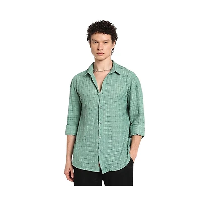 Campus Sutra Men's Sea Green Hollow Knit Oversized Shirt