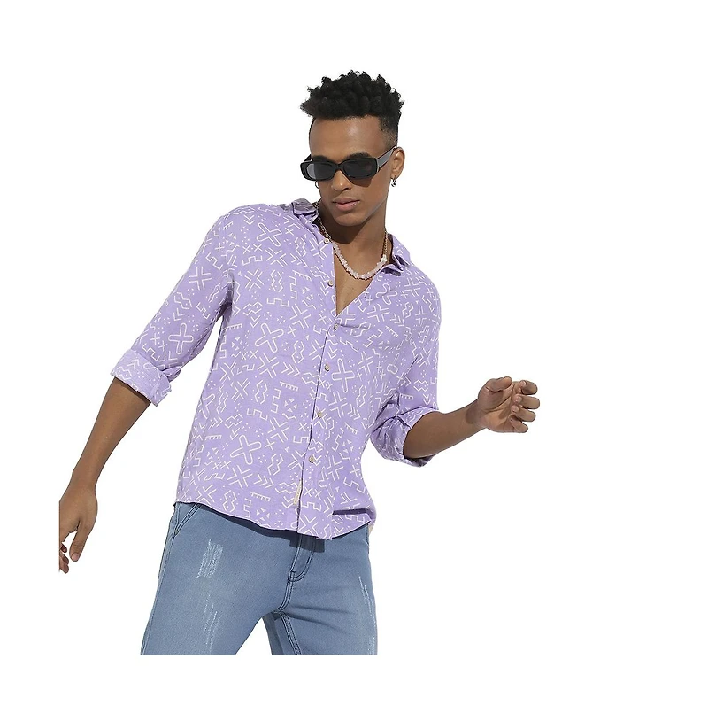 Campus Sutra Men's Lavender Minimal Aztec Shirt